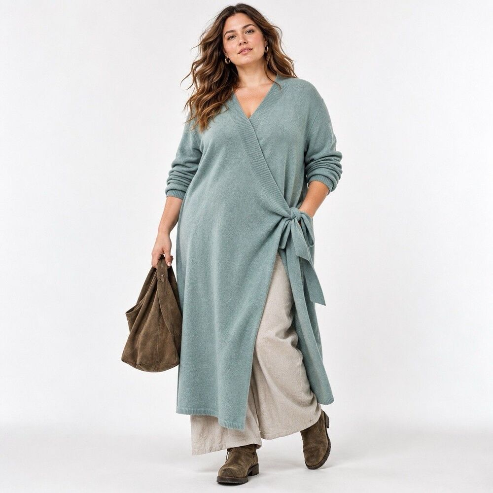 Soft Surroundings 100% Cashmere Midi Wrap Dress 2XL Luxury Knit Sea Blue Green